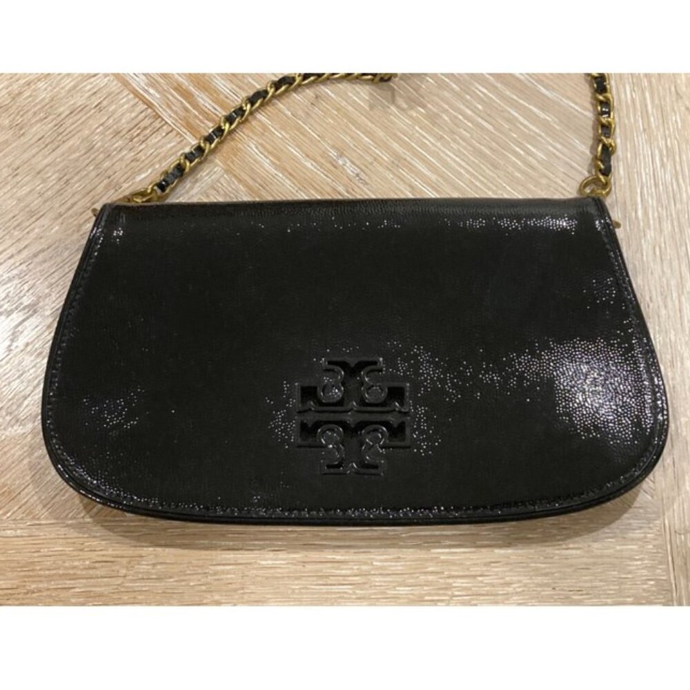 Tory Burch Black patent Leather Crossbody Bag, Foldover Purse, Textured Clutch